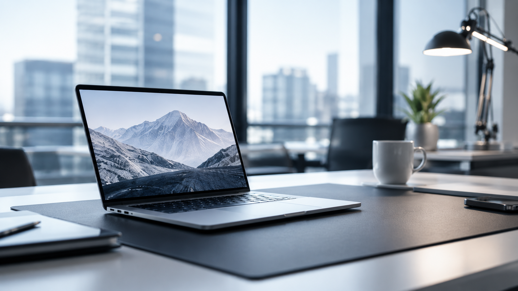 Aufgeräumter, heller IT-Arbeitsplatz mit Laptop und Blick über die Stadt