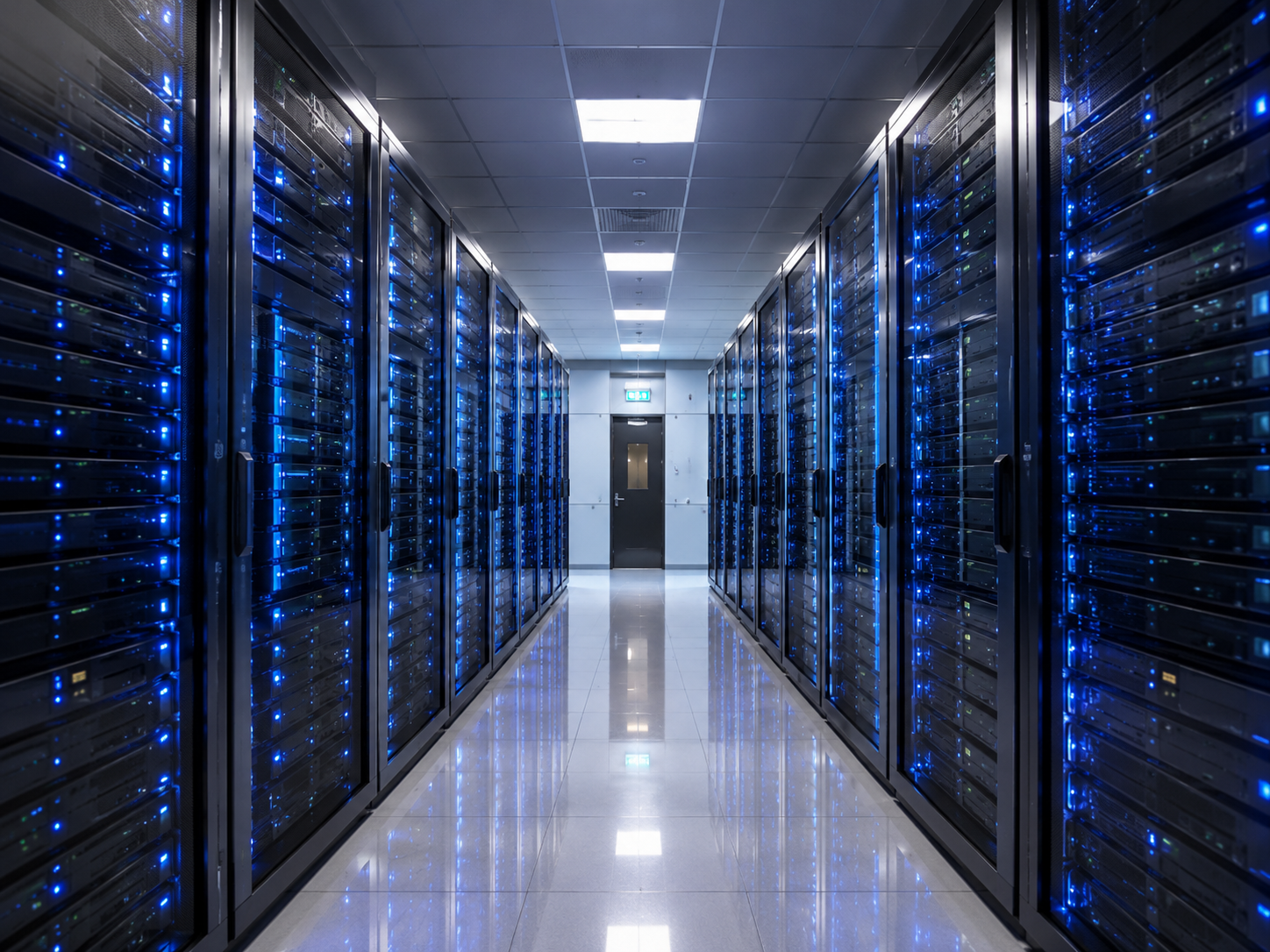 Reihen von Netzwerk- und Serverschränken in einem gepflegten Serverraum