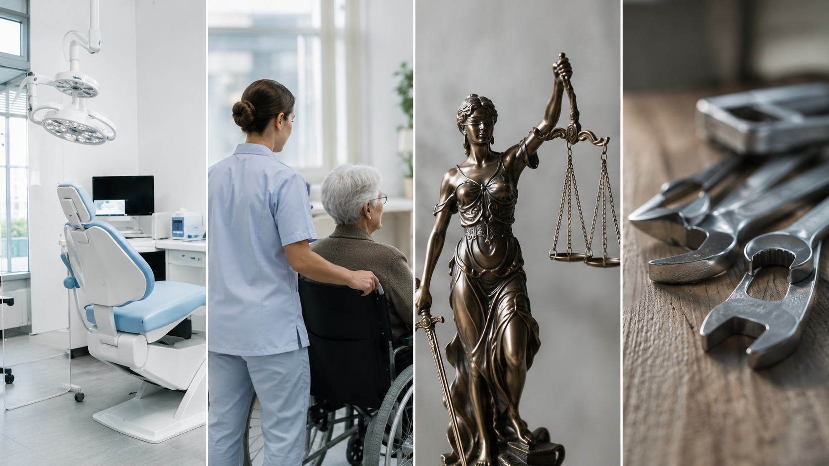 Vier Bildausschnitte: Arztpraxis, Pflege, Kanzlei und Handwerk