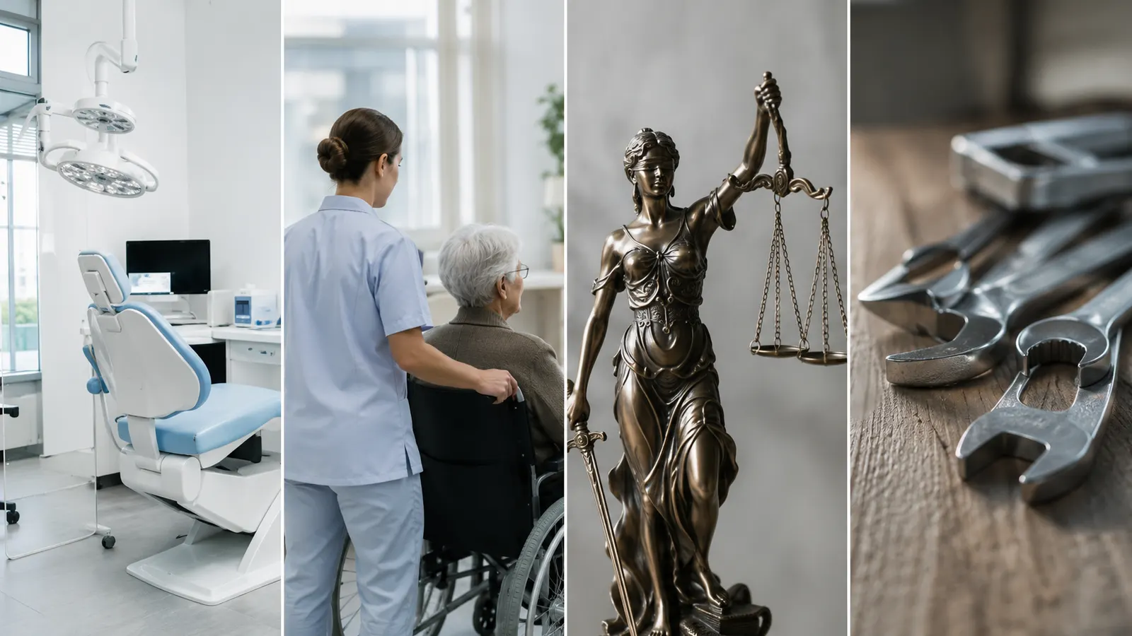Vier Bildausschnitte: Arztpraxis, Pflege, Kanzlei und Handwerk